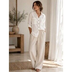 Women's Ivory Button-Down Shirt with Chest Pockets